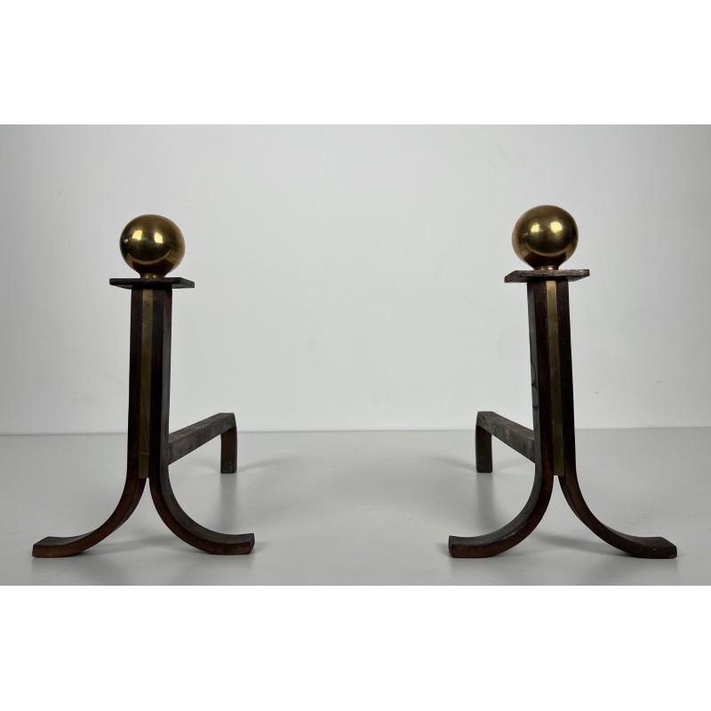 Paire de Chenets Modernistes en Acier, Laiton et Fer Forgé, dans le Goût de Jacques Adnet, vers 1940