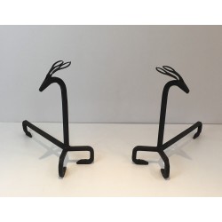 Pair of Wrought Iron Deer Andirons, in the Style of Édouard Schenck, circa 1950