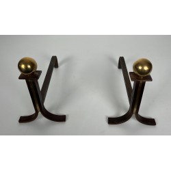 Pair of Modernist Steel, Brass and Wrought Iron Andirons, in the Style of Jacques Adnet, circa 1940