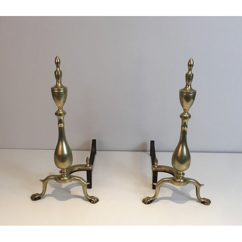 Paire de Chenets Néo-Gothiques en Bronze et Fer Forgé