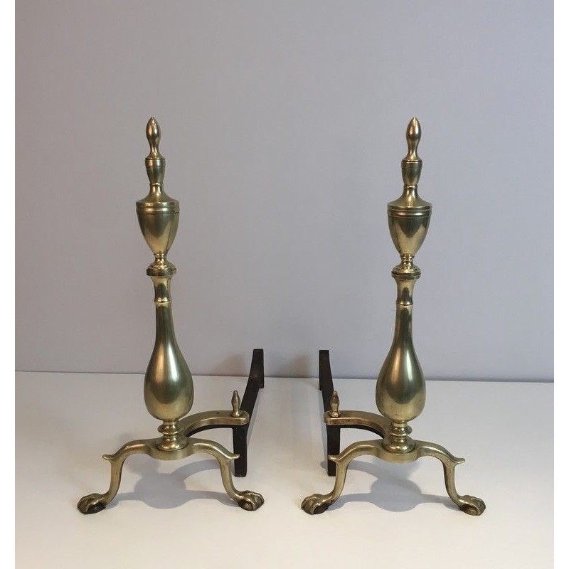 Paire de Chenets Néo-Gothiques en Bronze et Fer Forgé