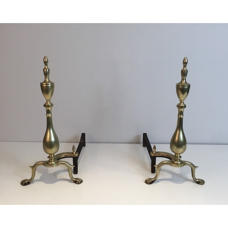 Paire de Chenets Néo-Gothiques en Bronze et Fer Forgé