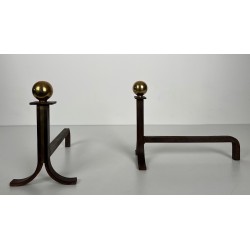 Pair of Modernist Steel, Brass and Wrought Iron Andirons, in the Style of Jacques Adnet, circa 1940