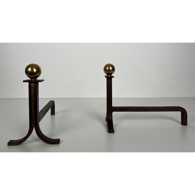 Paire de Chenets Modernistes en Acier, Laiton et Fer Forgé, dans le Goût de Jacques Adnet, vers 1940