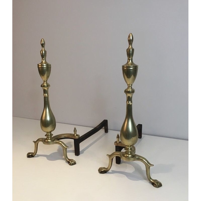 Paire de Chenets Néo-Gothiques en Bronze et Fer Forgé