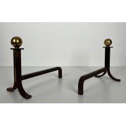 Pair of Modernist Steel, Brass and Wrought Iron Andirons, in the Style of Jacques Adnet, circa 1940