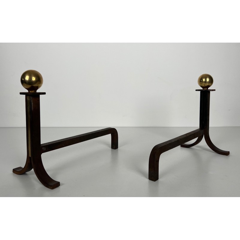 Pair of Modernist Steel, Brass and Wrought Iron Andirons, in the Style of Jacques Adnet, circa 1940