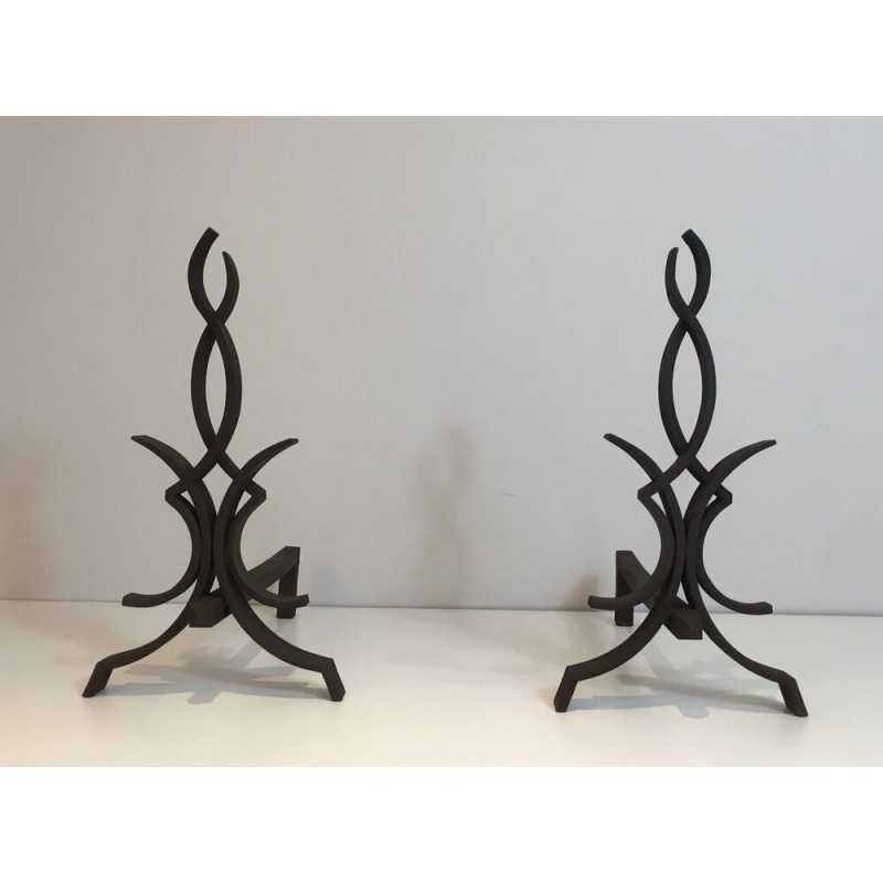Pair of Wrought Iron Andirons by Raymond Subes