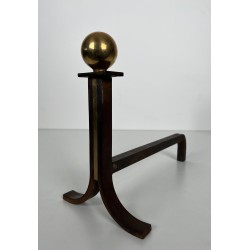 Paire de Chenets Modernistes en Acier, Laiton et Fer Forgé, dans le Goût de Jacques Adnet, vers 1940