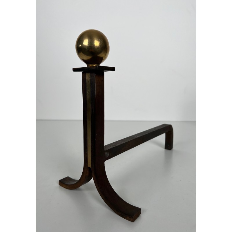 Paire de Chenets Modernistes en Acier, Laiton et Fer Forgé, dans le Goût de Jacques Adnet, vers 1940
