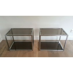 Pair of Chrome and Smoked Glass Side Tables, circa 1970