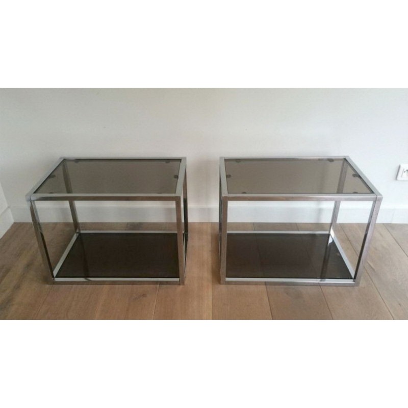 Pair of Chrome and Smoked Glass Side Tables, circa 1970