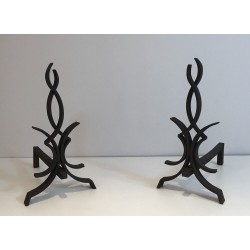 Pair of Wrought Iron Andirons by Raymond Subes