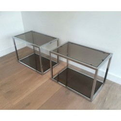 Paire de Bouts de Canapé Chromés à Plateaux de Verre Fumé, vers 1970