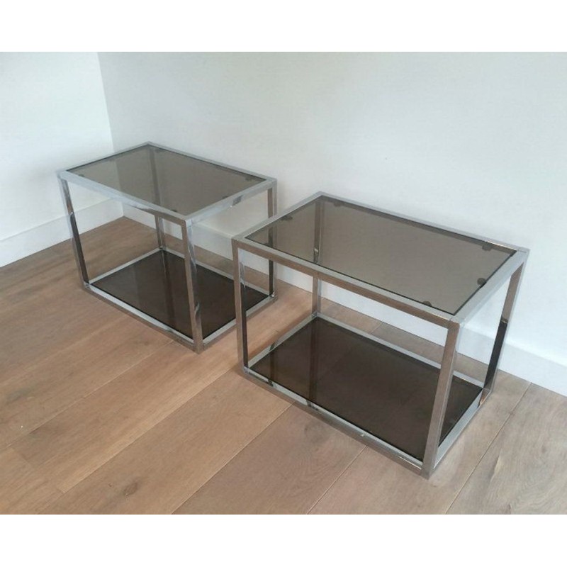 Paire de Bouts de Canapé Chromés à Plateaux de Verre Fumé, vers 1970