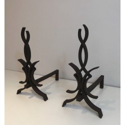 Pair of Wrought Iron Andirons by Raymond Subes