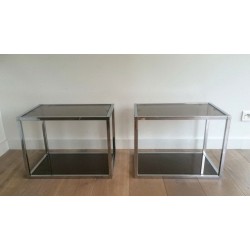 Pair of Chrome and Smoked Glass Side Tables, circa 1970