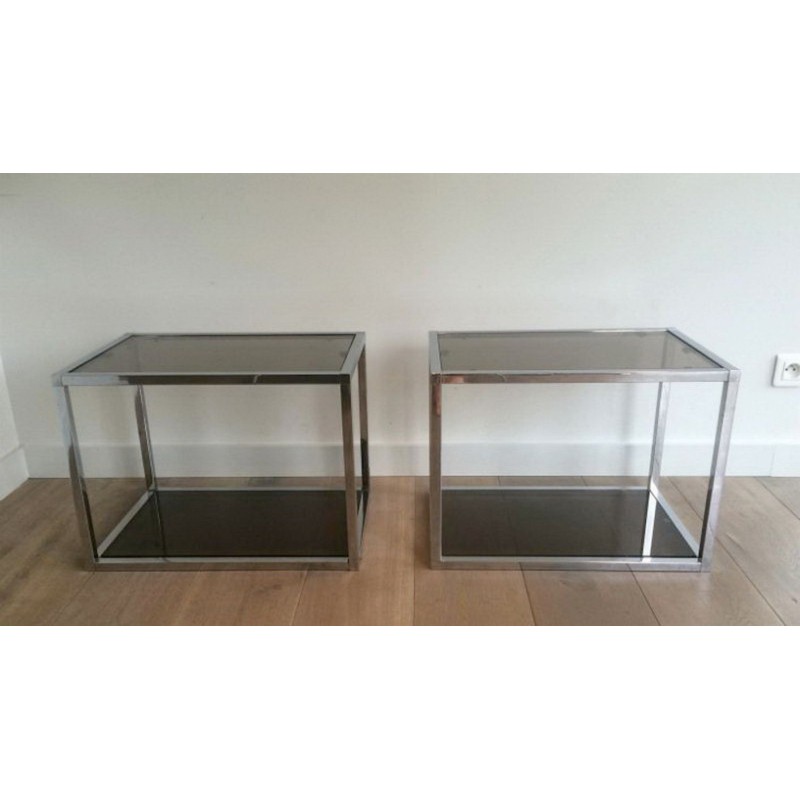 Paire de Bouts de Canapé Chromés à Plateaux de Verre Fumé, vers 1970