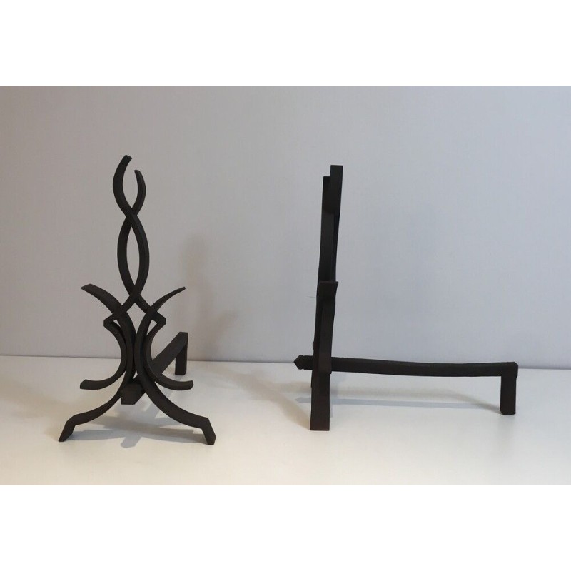 Pair of Wrought Iron Andirons by Raymond Subes