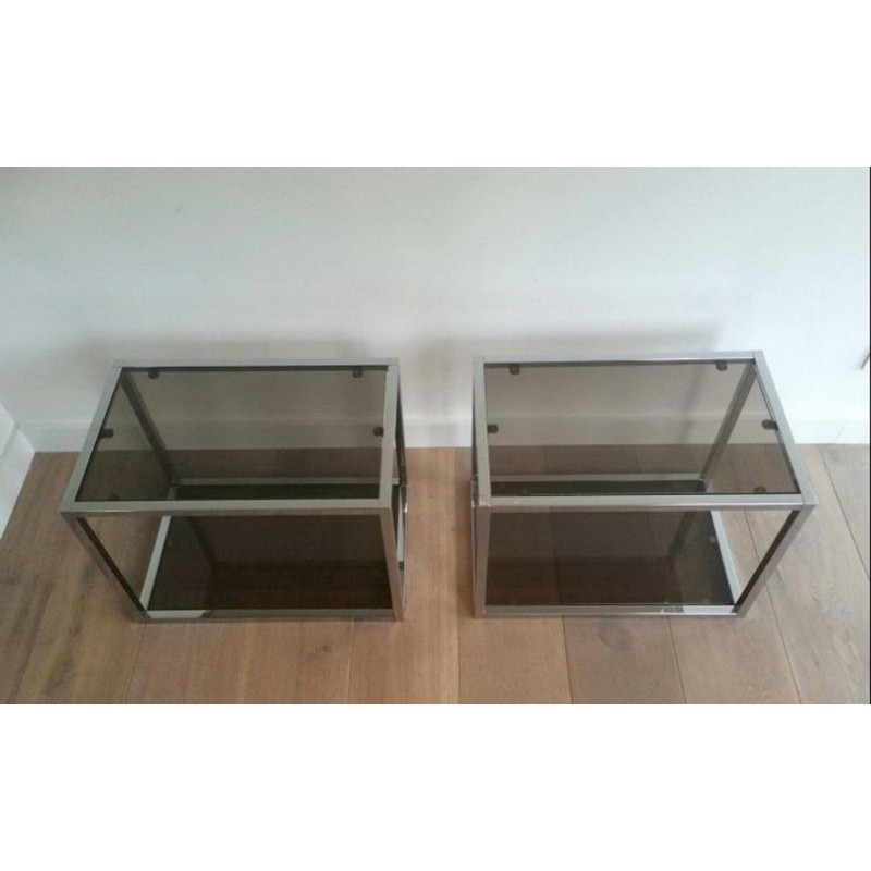 Pair of Chrome and Smoked Glass Side Tables, circa 1970