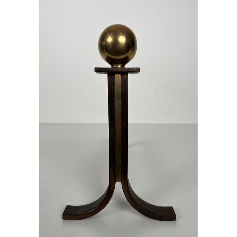 Paire de Chenets Modernistes en Acier, Laiton et Fer Forgé, dans le Goût de Jacques Adnet, vers 1940