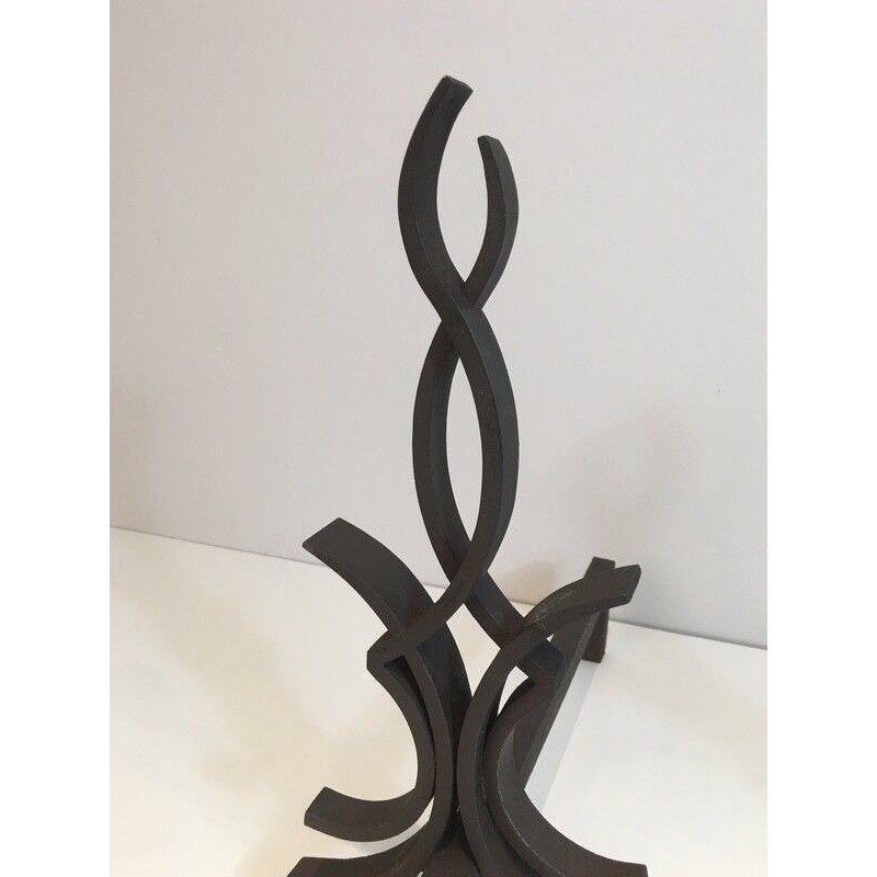 Pair of Wrought Iron Andirons by Raymond Subes