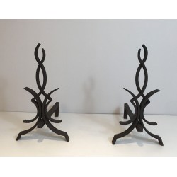 Pair of Wrought Iron Andirons by Raymond Subes