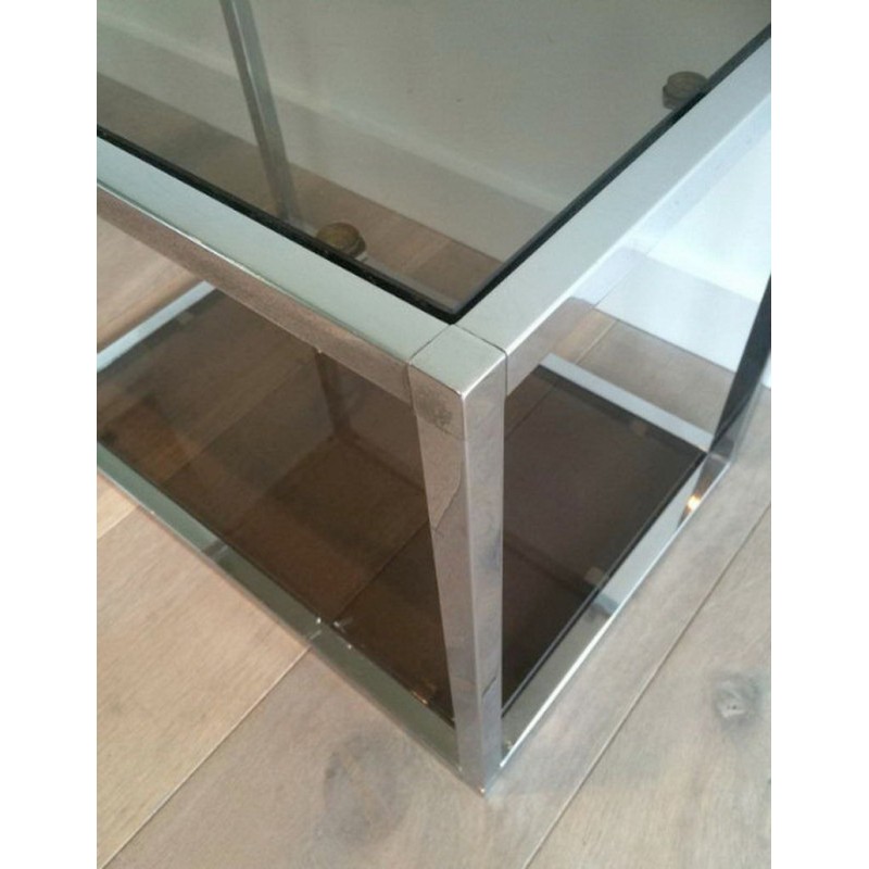 Pair of Chrome and Smoked Glass Side Tables, circa 1970