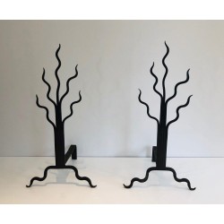 Pair of Wrought Iron Andirons with Shrub Motifs, French Work, circa 1970