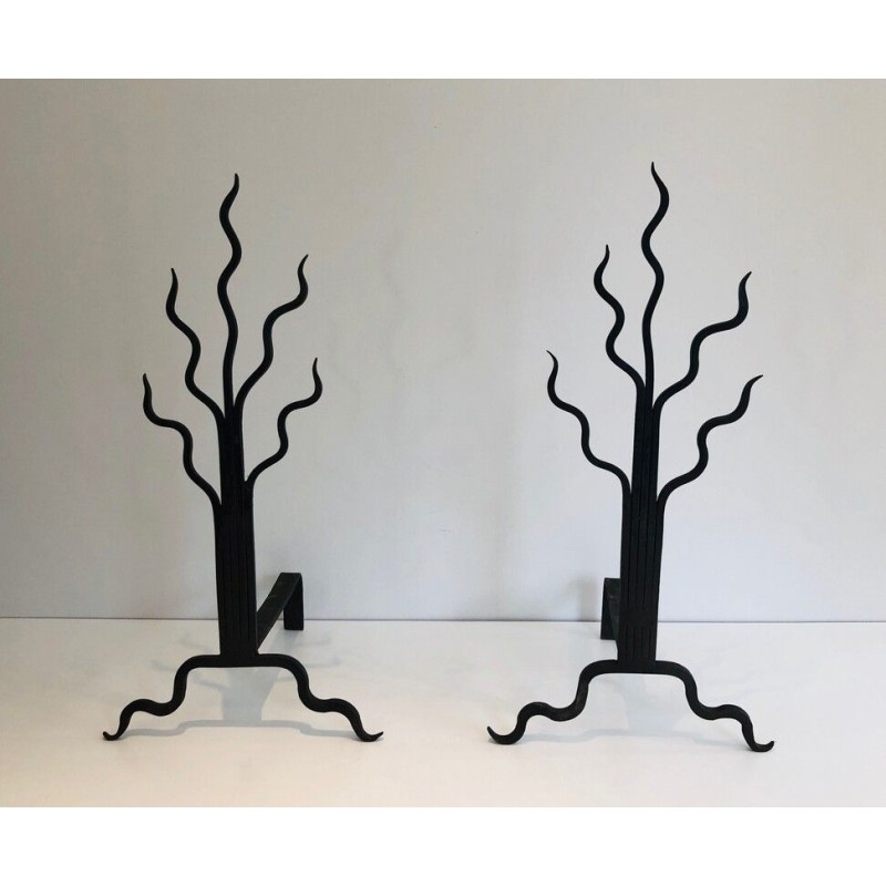 Pair of Wrought Iron Andirons with Shrub Motifs, French Work, circa 1970