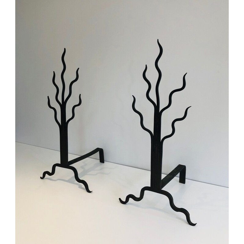 Pair of Wrought Iron Andirons with Shrub Motifs, French Work, circa 1970