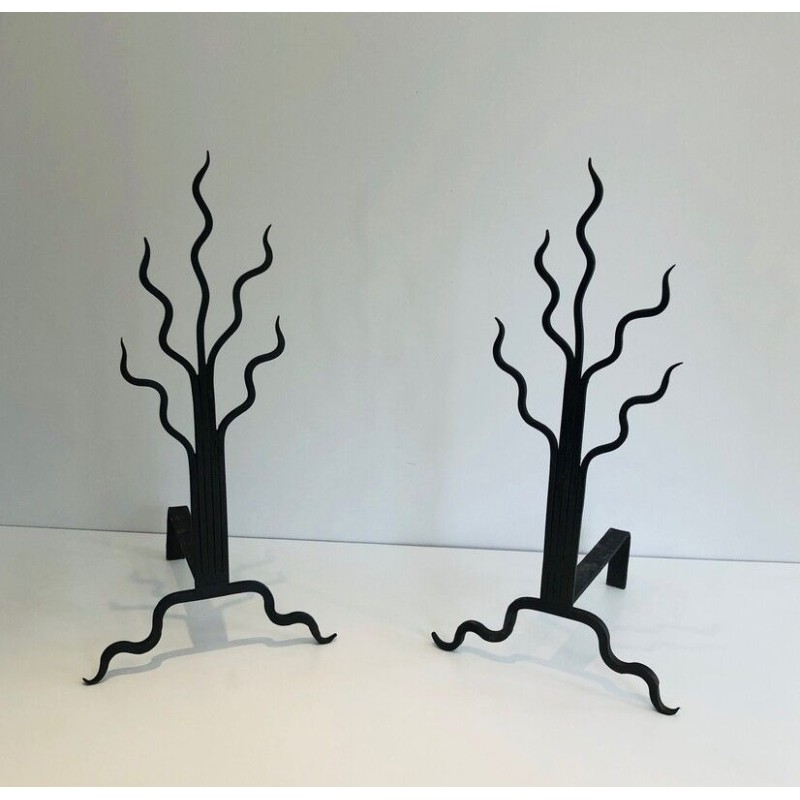 Pair of Wrought Iron Andirons with Shrub Motifs, French Work, circa 1970