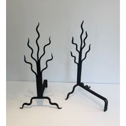 Pair of Wrought Iron Andirons with Shrub Motifs, French Work, circa 1970