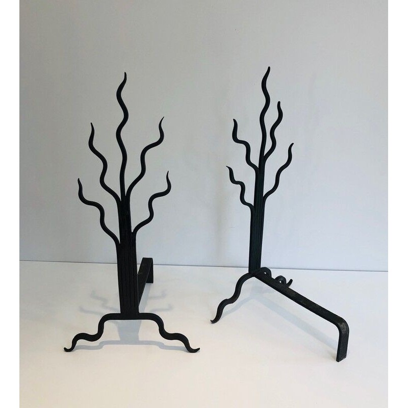 Pair of Wrought Iron Andirons with Shrub Motifs, French Work, circa 1970