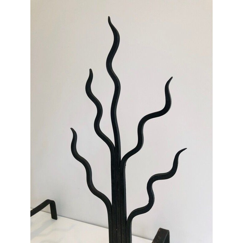 Pair of Wrought Iron Andirons with Shrub Motifs, French Work, circa 1970