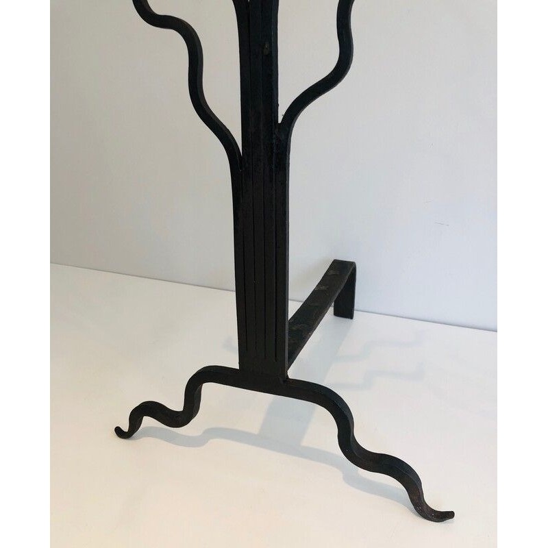 Pair of Wrought Iron Andirons with Shrub Motifs, French Work, circa 1970