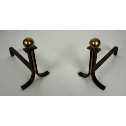 Pair of Modernist Steel, Brass and Wrought Iron Andirons, in the Style of Jacques Adnet, circa 1940
