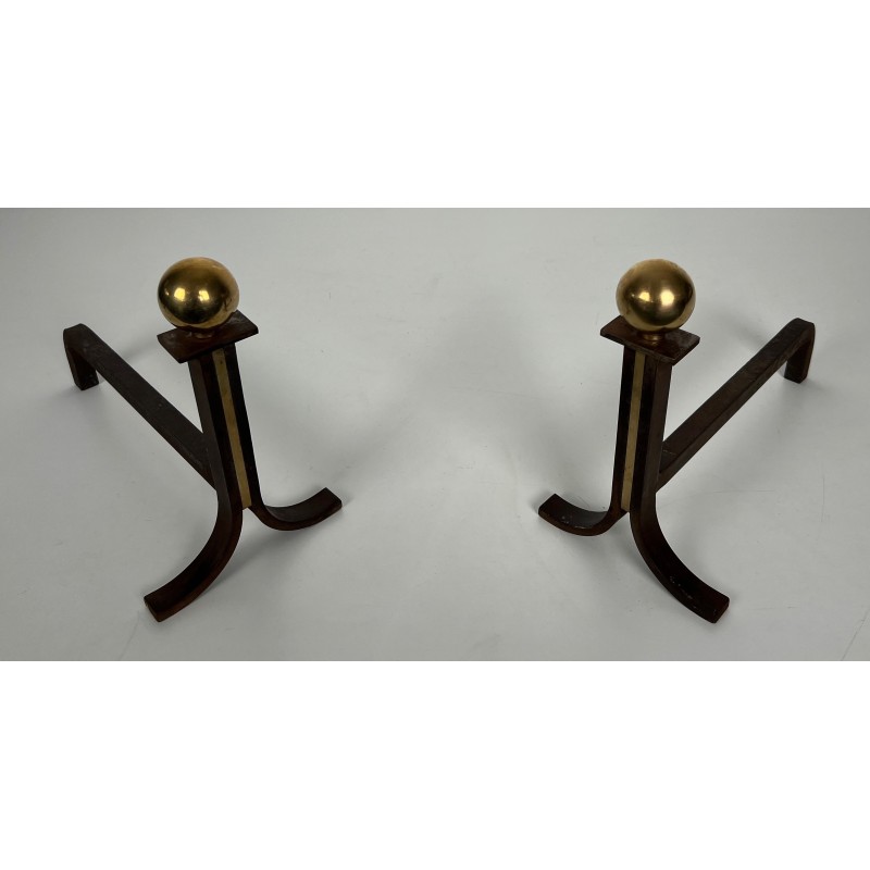 Paire de Chenets Modernistes en Acier, Laiton et Fer Forgé, dans le Goût de Jacques Adnet, vers 1940