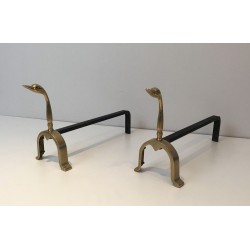 Pair of Brass Duck Andirons, in the Style of Maison Jansen, circa 1970