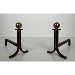 Paire de Chenets Modernistes en Acier, Laiton et Fer Forgé, dans le Goût de Jacques Adnet, vers 1940