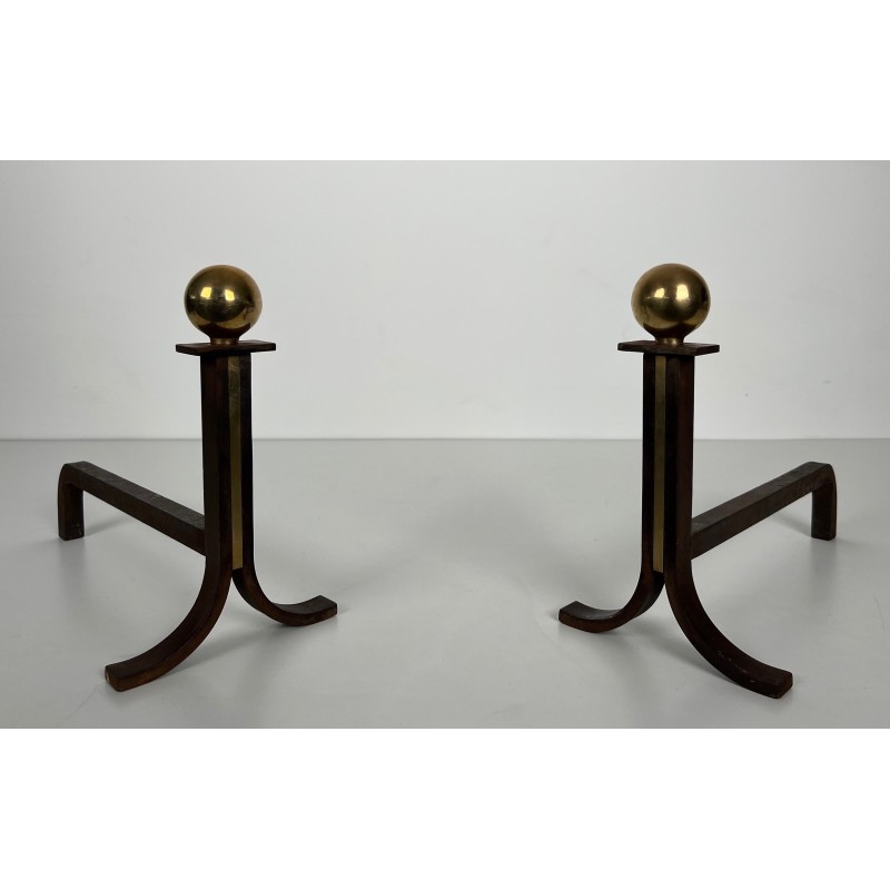 Pair of Modernist Steel, Brass and Wrought Iron Andirons, in the Style of Jacques Adnet, circa 1940