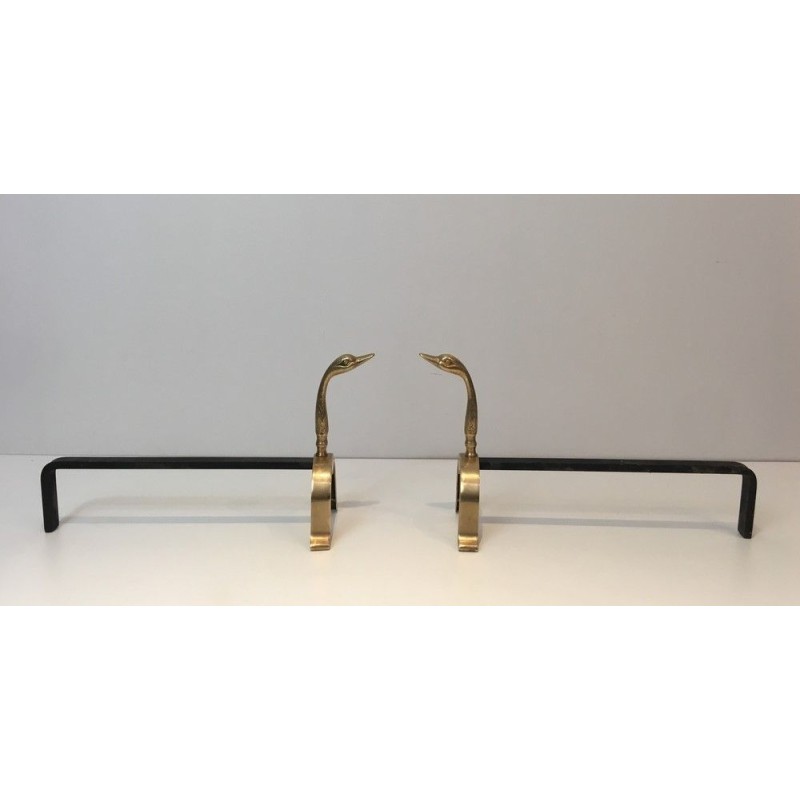 Pair of Brass Duck Andirons, in the Style of Maison Jansen, circa 1970
