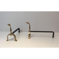 Pair of Brass Duck Andirons, in the Style of Maison Jansen, circa 1970
