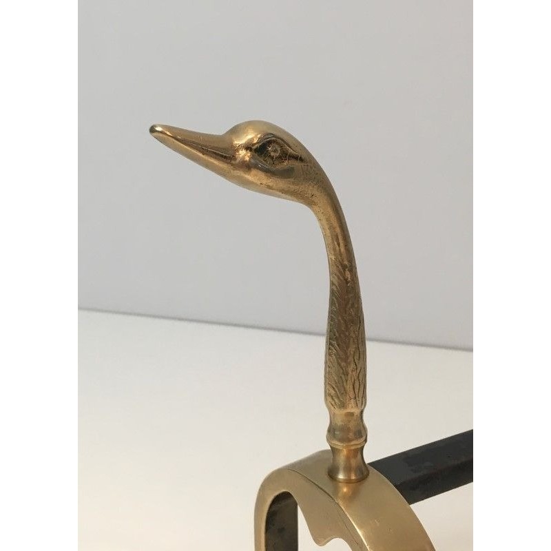 Pair of Brass Duck Andirons, in the Style of Maison Jansen, circa 1970