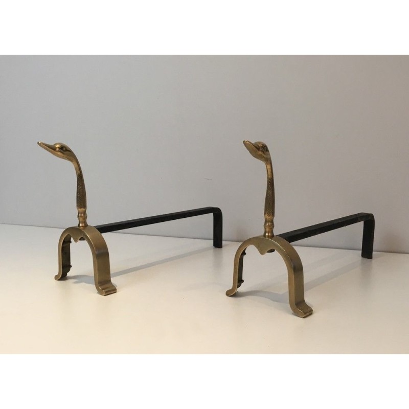 Pair of Brass Duck Andirons, in the Style of Maison Jansen, circa 1970