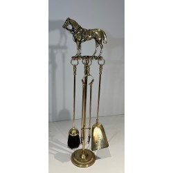 Brass Fireplace Companion Set Surmounted by a Horse Sculpture, French Work, circa 1920
