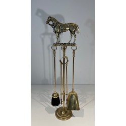 Brass Fireplace Companion Set Surmounted by a Horse Sculpture, French Work, circa 1920