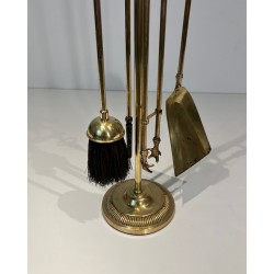 Brass Fireplace Companion Set Surmounted by a Horse Sculpture, French Work, circa 1920
