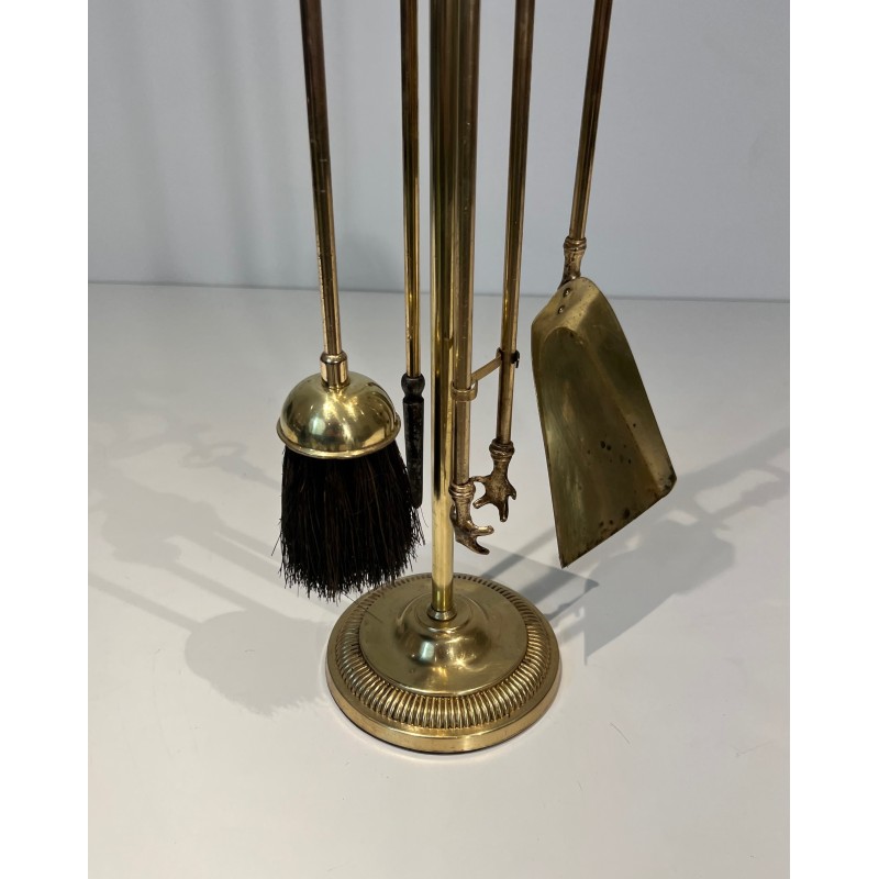 Brass Fireplace Companion Set Surmounted by a Horse Sculpture, French Work, circa 1920