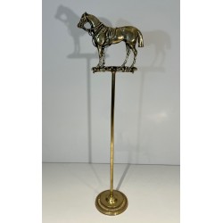 Brass Fireplace Companion Set Surmounted by a Horse Sculpture, French Work, circa 1920